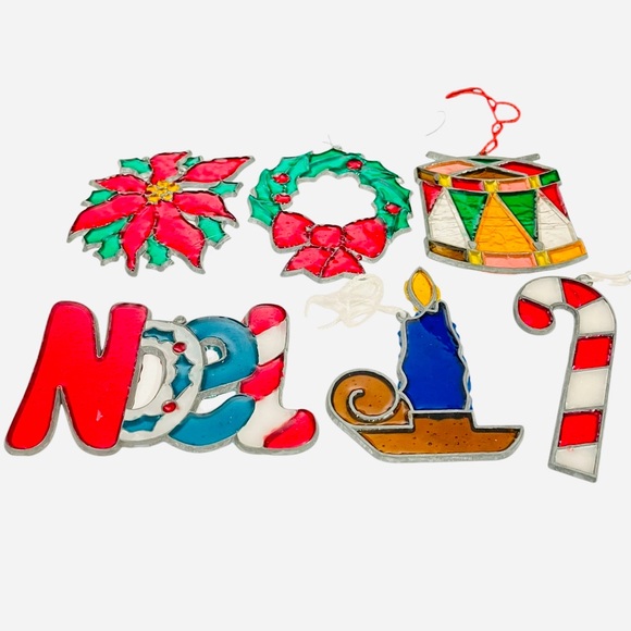 6 Vintage Suncatcher Christmas Ornament Faux Stained Glass Noel Wreath Candle 4" - Picture 2 of 14